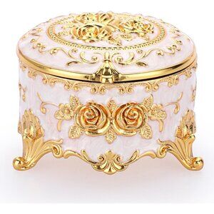 Women Vintage Round Trinket Storage Organizer Box Gold Metal Case Treasure Box